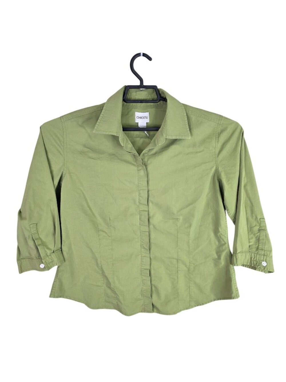 Womens Chicos Green Button Up 3/4 Sleeve Shirt Cotton Blend Stretch Size 1